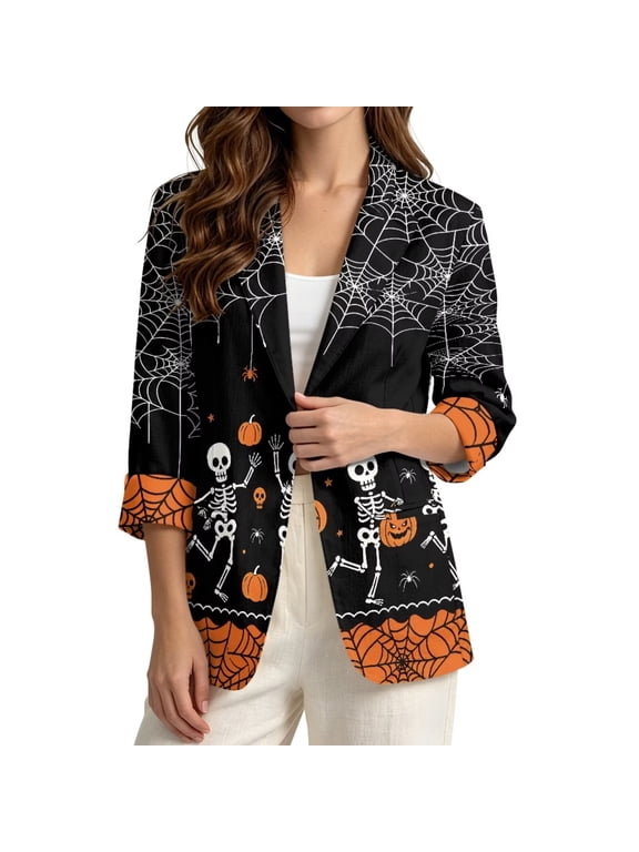Halloween Blazer Jacket with Pocket Skeleton Print Blazers for Women Business Casual Outfits Pumpkin Lantern Print Linen-Style Suit Jacket
