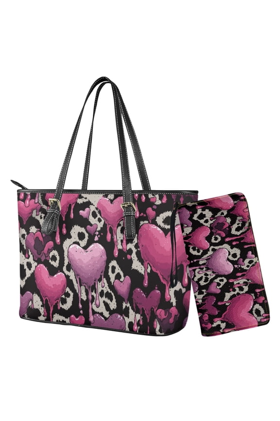 Heart Pattern Top Handle Handbag with Wallet Set Womens Shoulder Bag Leopard Print Bucket Totes Hobo bag Waterproof Leather Wallet Handbag with Purse Set of 2, Pink