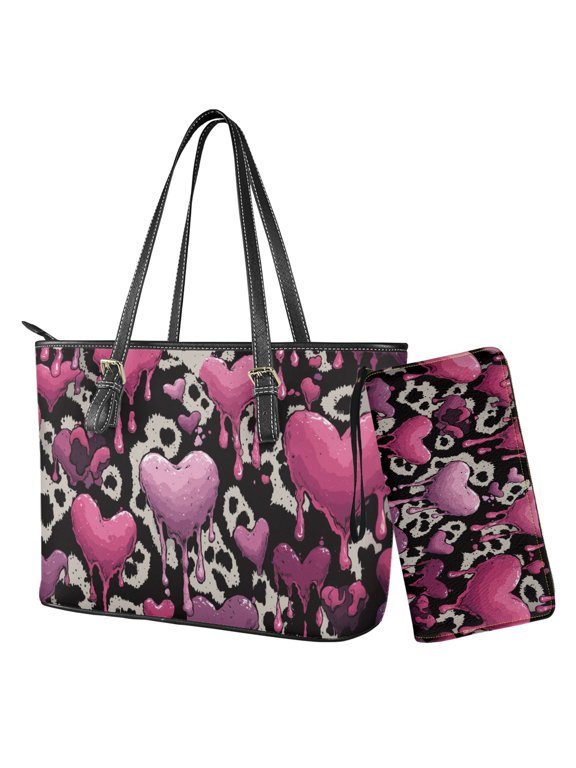 Heart Pattern Top Handle Handbag with Wallet Set Womens Shoulder Bag Leopard Print Bucket Totes Hobo bag Waterproof Leather Wallet Handbag with Purse Set of 2, Pink