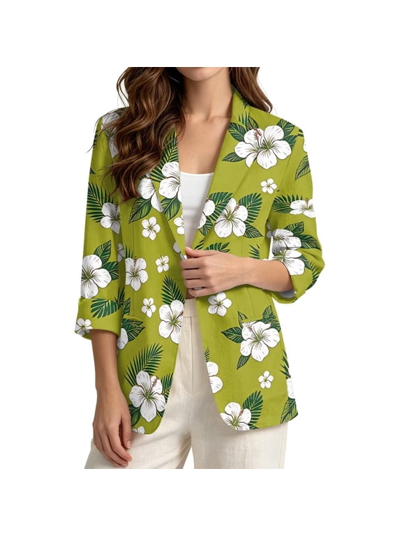 Hibiscus Print Suit Blazer Linen-Style Blazers for Women Casual Lightweight Blazer Jacket