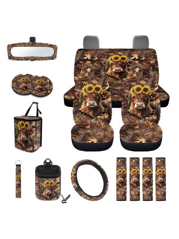 Highland Cattle Print Automotive Seat Covers Full Set Sunflower Print Car Front Rear Seat Covers Steering Wheel Cover Safety Belt Pads Inside Rearview Mirror Cover Keychain