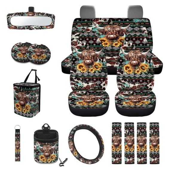 LedBack Highland Cattle Print Full Set Seat Covers for Cars Sunflower Aztec Print Front and Rear Split Bench Seat Cover Steering Wheel Cover Trash Bin Car Air Vent Organizer, Easy to Install