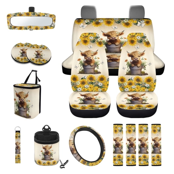 LedBack Highland Cow Print Car Seat Cover Sets for Women Full Set Sunflower Daisy Print High Back Bucket Seat Covers Steering Wheel Cover Safety Belt Pads Rear View Mirror Protector
