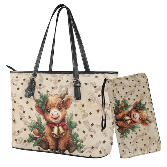 LedBack Highland Cow Print Tote Bag Handbag with Wallet Set Musical Knot Print Hobo Shoulder Bag for Women Ladies 2 Pcs Leather Top Handle Handbag Purse Clutch Shoulder Totes, Brown
