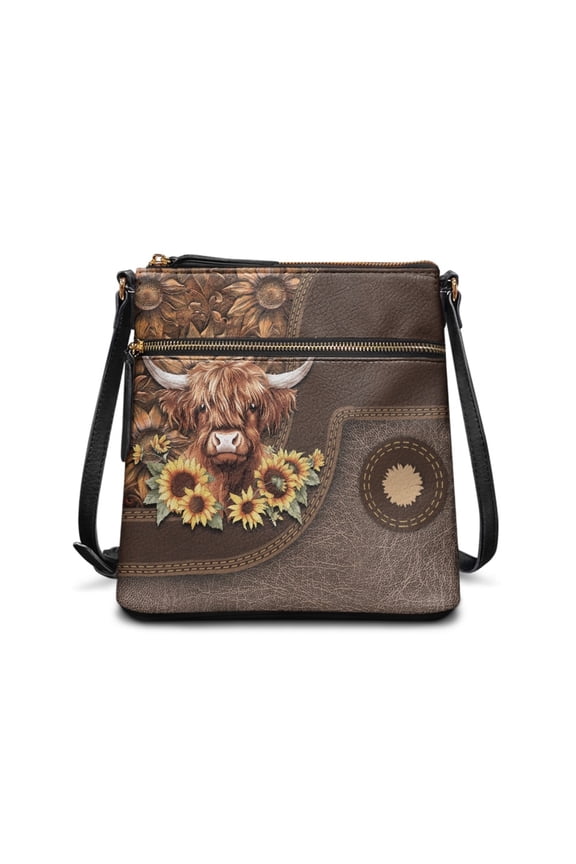 Highland Cow Print Women Crossbody Purse Leather Satchel Bag Sling Shoulder Bag with Zipper Front and Back Pockets, Hobo Purse with Adjustable Strap, Brown