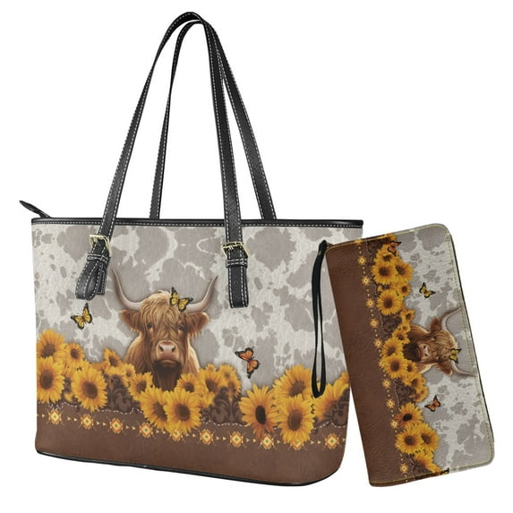 LedBack Highland Cow Printed Handbag and Wallet Set Sunflower Top Handle Handbag Satchel with Matching Wristlet Wallet Waterproof Leather Tote Bag Shoulder Hobo Bag, Brown
