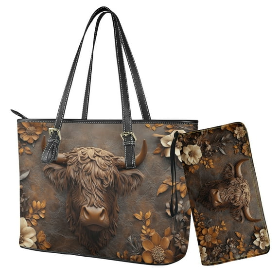 LedBack Highland Cow Wallet and Purse Set Floral Printed Top Handle Handbag with Wristlet Wallet Set Lightweight Leather Tote Bag Hobo Bag with Purse for Women, Brown