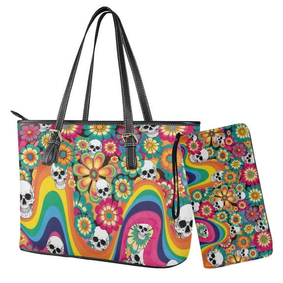 LedBack Hippie Flower Skull Printed Handbag and Wallet Set Waterproof Top Handle Handbag Shoulder Bag with Purse Shoulder Totes Boho Bag Portable Wallet and Purse Set, Multicolor