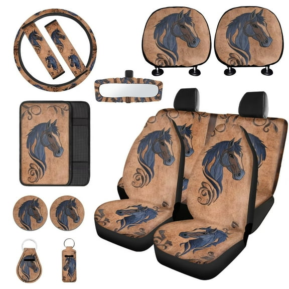 LedBack Horse Print Car Seat Covers Set of 15 Car Front and Back Seat Cover Steering Wheel Cover Armrest Pads Covers Headrests Cover Seatbelt Cover Car Coaster Keychain, Car Interior Accessories