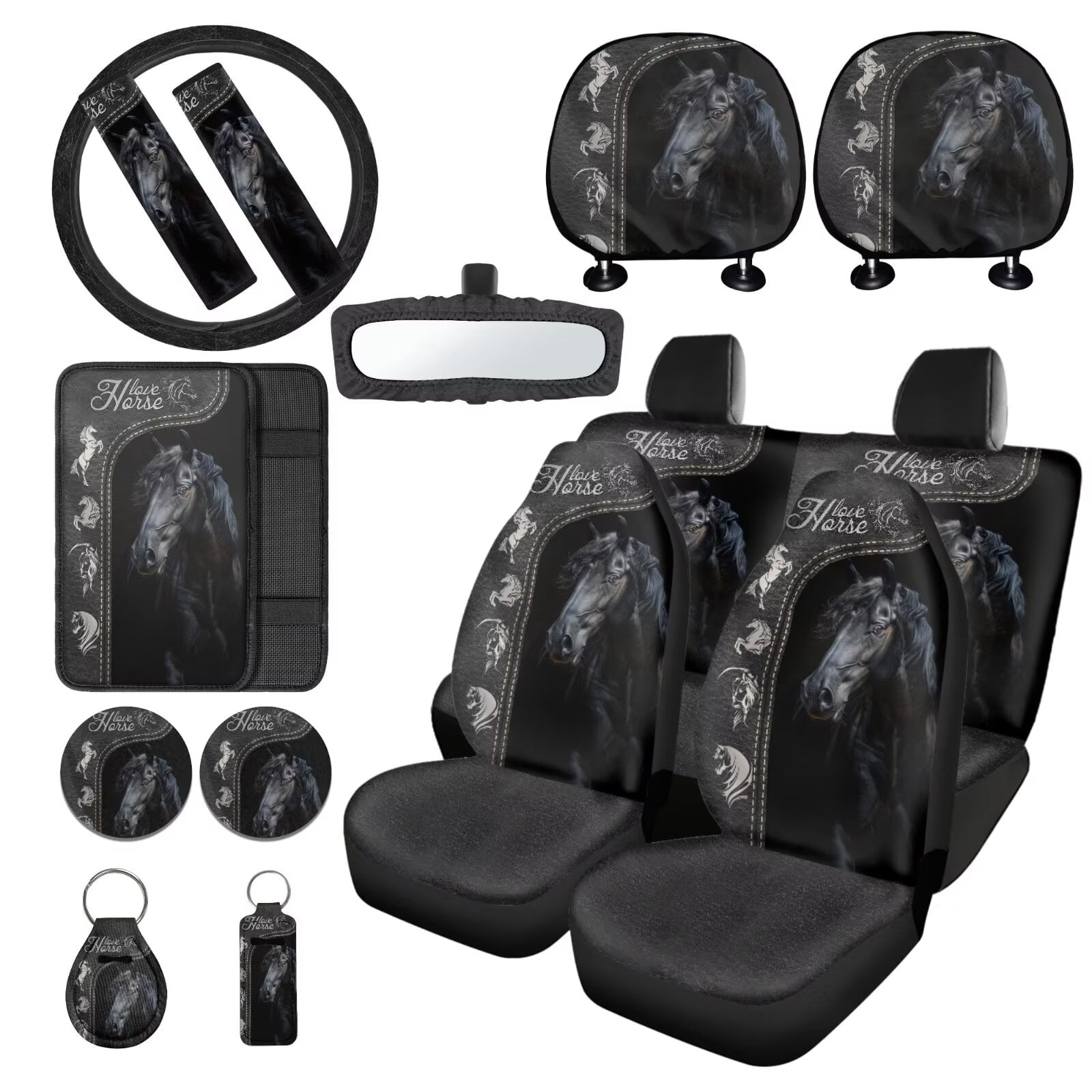 LedBack Horse Printed Car Seat Cover Full Set with Automotive Steering Wheel Covers Auto Seatbelt Pads Coaster Lipstick Holder Keychain Rear View Mirror Cover Car Coasters, Auto Accessories