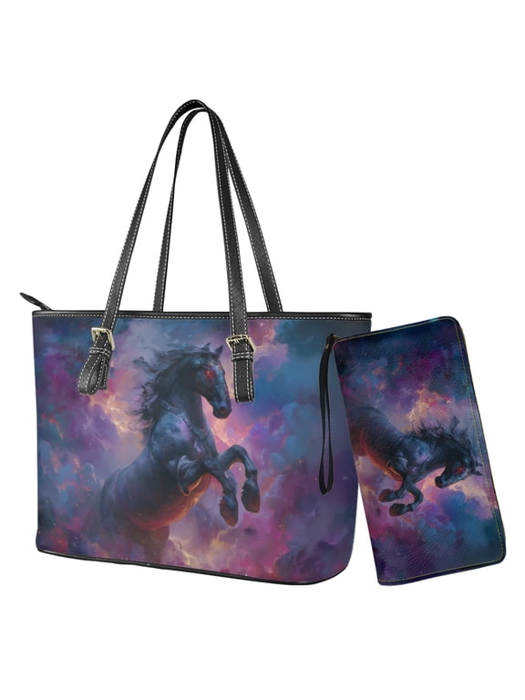 Horse Printed Handbag and Purse Set for Women Pu Leather Bucket Totes Top Handle Handbag with Matching Wristlet Wallet for Ladies Shopping Walking, Purple