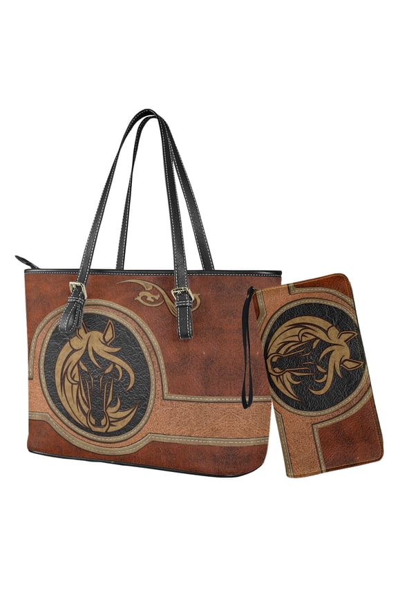 Horse Printed Tote Handbag with Matching Wallet for Women Lightweight Wallet and Purse Set Top Handle Shoulder Bag Leather Wristle Clutch, Orange