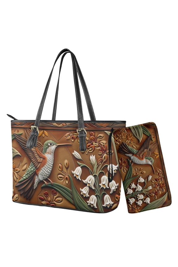 Hummingbird Handbag and Wallet Set Lightweight Purse and Wallet Set Leather Shoulder Handbag with Purse Top Handle Tote Bag with Matching Clutch Purse, Brown