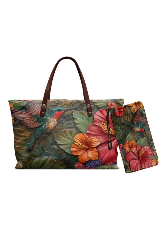Hummingbird Hibiscus Tote Bag with Matching Wallet for Women Pu Leather Handbag and Wallet Set Lightweight Top Handle Handbags with Wristlet Wallet for Travel, Green