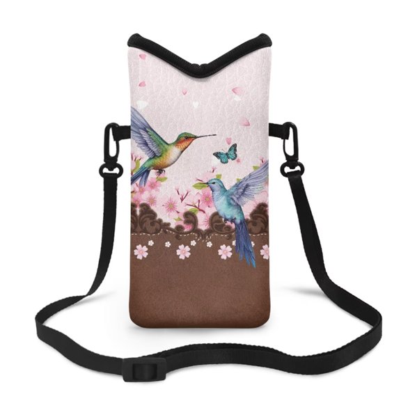 LedBack Hummingbird Print Crossbody Phone Bag for Woman Cherry Blossom Print Cell Phone Sleeve Pouch Case Bag with Crossbody Strap/Neck Lanyard, 8'' x 4''