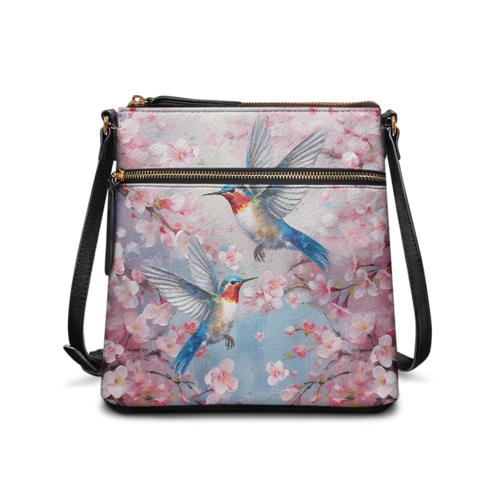 LedBack Hummingbird Print Leather Shoulder Handbag Purse Peach Blossom Satchel Bag Crossbody Hobo Purse with Adjustable Strap, Zipper Messenger Bag for Travel Shopping Work, Pink