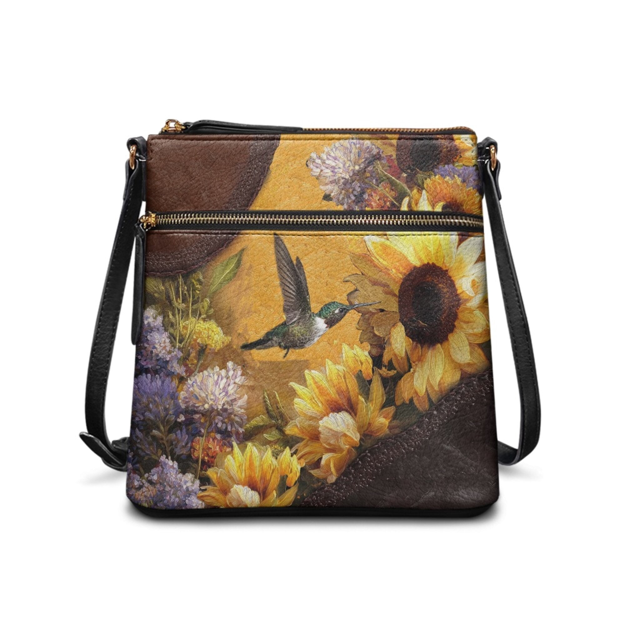 LedBack Hummingbird Sunflower Print Leather Satchel Handbag Hobo Bag with Adjustable Strap, Crossbody Purse for Women Ladies Sling Shoulder Purse for Travel, Brown and Yellow