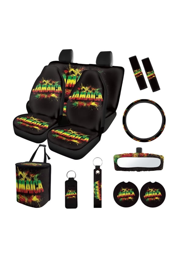 Jamaica Print Full Set Car Seat Covers with Accessories, Including Front and Rear Split Bench Seat Covers+Steering Wheel Cover+Safety Belt Pads+Rearview Mirror Cover+Trash Bag