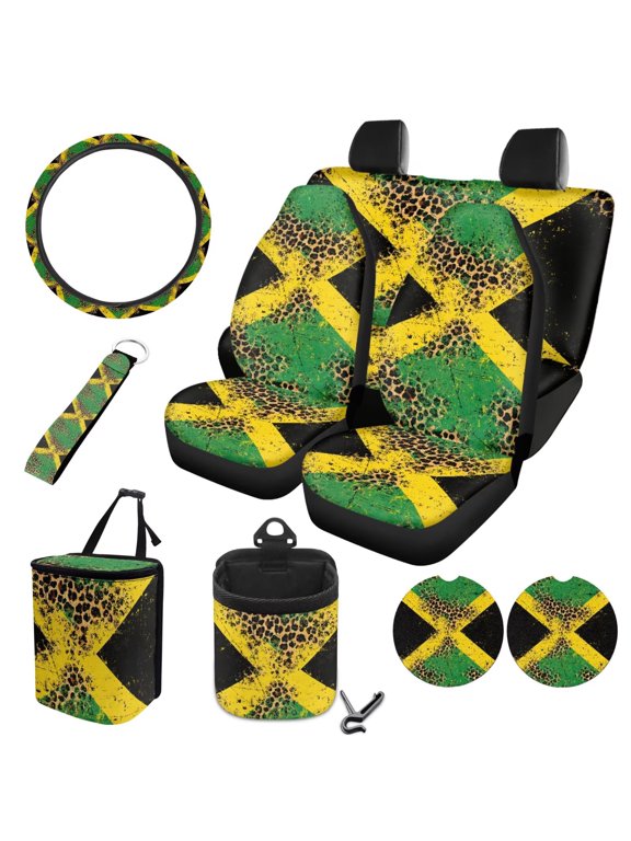 Jamaican Flag Print Car Seat Cover Full Set Leopard Print Car Seat Covers Front and Back Full Set with Steering Wheel Cover Garbage Bag, Suitable for Van Sedan Truck SUV