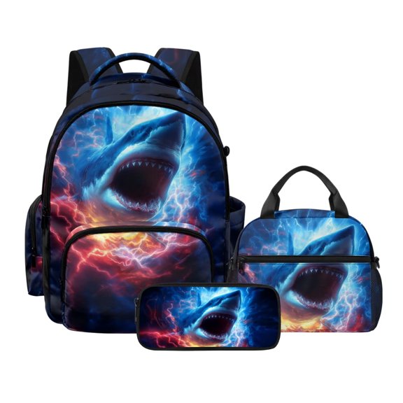LedBack Kids Backpack with Lunch Box Set for Teens, Shark Print School Backpack with Portable Pencil Pouch, Large Capacity Kids School Bag with Adjustable Shoulder Strap