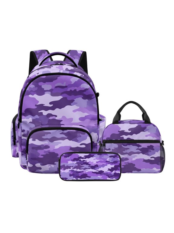 Kids Backpack Set with Lunch Box, Camo Print School Backpack with Lunch Box Pencil Case, 3 Piece Kids School Bag Set for Boys Girls, Purple