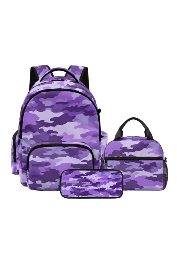 Kids Backpack Set with Lunch Box, Camo Print School Backpack with Lunch Box Pencil Case, 3 Piece Kids School Bag Set for Boys Girls, Purple