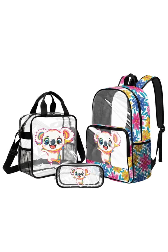 Koala Floral Printed Clear Backpacks with Lunch Bag Pencil Case 3 Pcs Transparent Backpack Lightweight School Bookbag Set for Girls Pink Back to School Bag, Blue and Pink