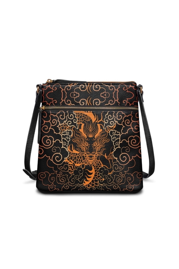 Leather Crossbody Shoulder Purse for Woman, Chinese Dragon Sling Hobo Bag Multi Pockets Satchel Handbag with Adjustable Strap, Orange