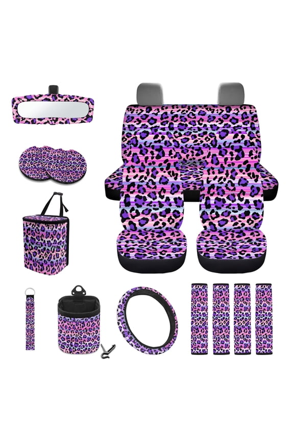 Leopard Print Car Accessories Seat Covers Full Set of 15, Soft Comfy Front and Rear Seat Cover with Safety Belt Pads Steering Wheel Cover Trash Can Car Air Vent Organizer