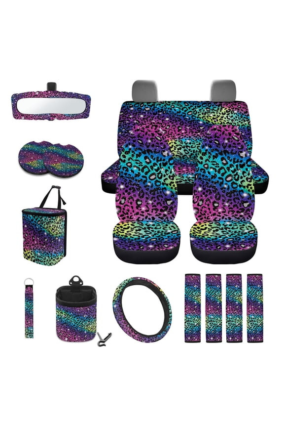 Leopard Print Car Seat Covers Full Set 15Pcs Car Accessories Set Includes Front and Rear Split Bench Seat Cover Steering Wheel Cover Safety Belt Pads Rear View Mirror Protector
