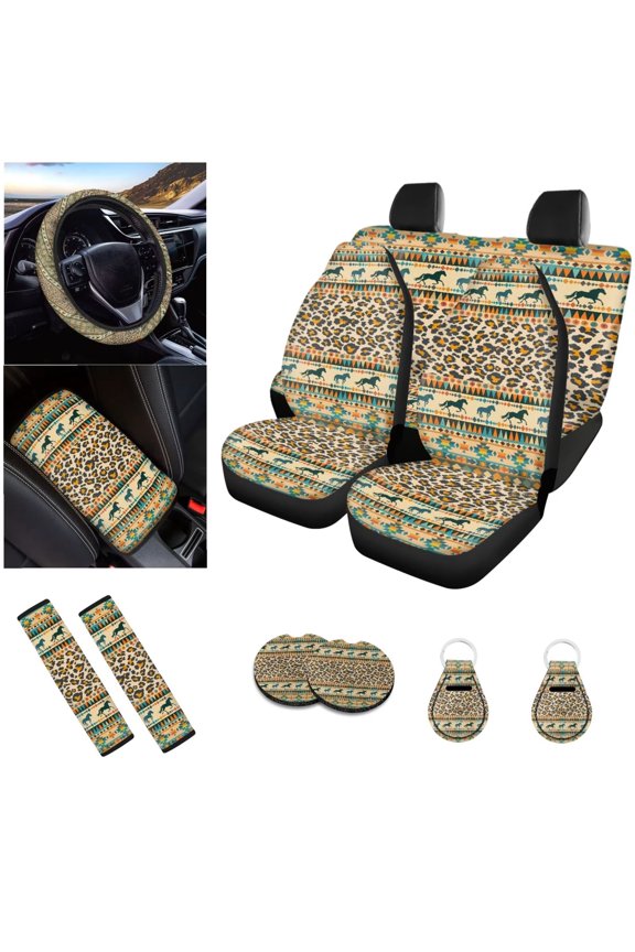 Leopard Printed Car Seat Covers Aztec Horse Pattern Seat Covers for Cars Breathable Steering Wheel Covers Seatbelt Covers for Women Men Set of 12, Universal Car Accessories