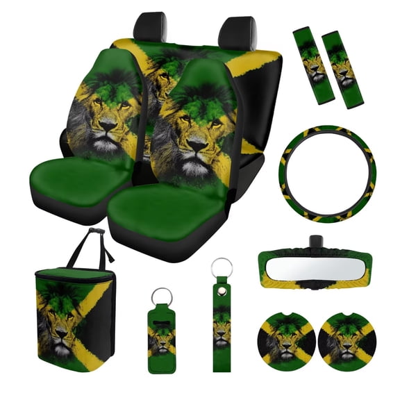 LedBack Lion Print Automotive Seat Covers & Accessories Full Set Jamaican Flag Print Car Front Rear Seat Covers Steering Wheel Cover Safety Belt Pads Coasters, Easy to Install