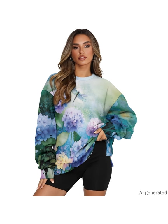 Loose Fit Sweater, Flowers Dragonfly Warm Drop Shoulder Polyester Pullover for Hunting Workout Daily Wear, Size 3XL