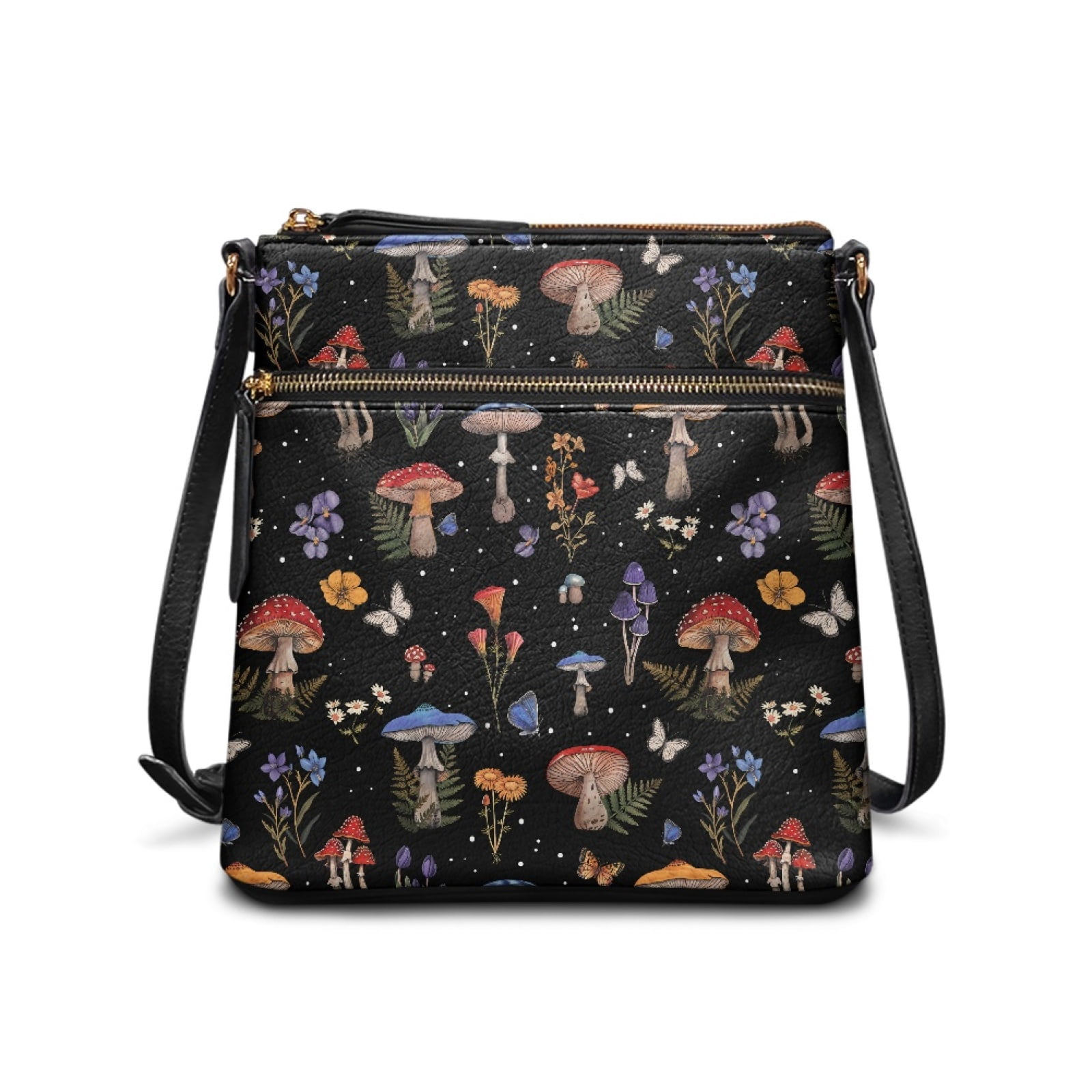 LedBack Mushroom Print Leather Crossbody Satchel Purse for Women, Portable Messenger Bag Shoulder Bag Sling Hobo Purse with Adjustable Strap for Travel Shopping Work, Black