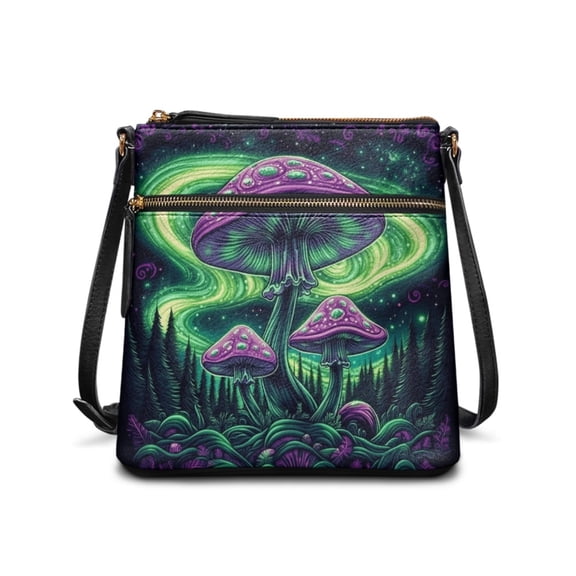 LedBack Mushroom Print Leather Hobo Bag Crossbody Bag for Women Lady, Large Zipper Shoulder Handbag with Adjustable Strap, Portable Messenger Bag with Multi Pockets, Green