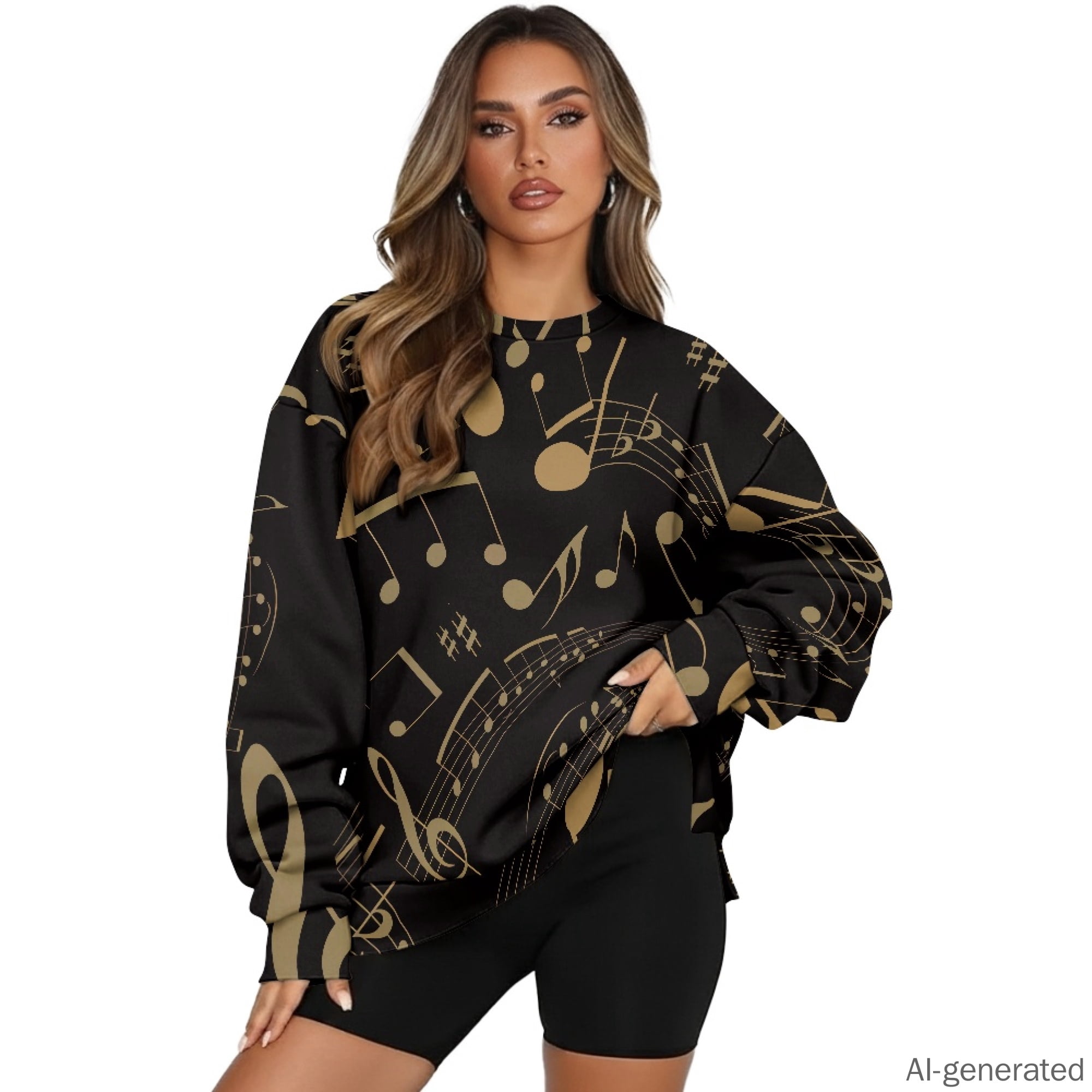 Polyester Notes LedBack Musical Note Loose Fit Oversized Polyester Women Long Sleeve ...