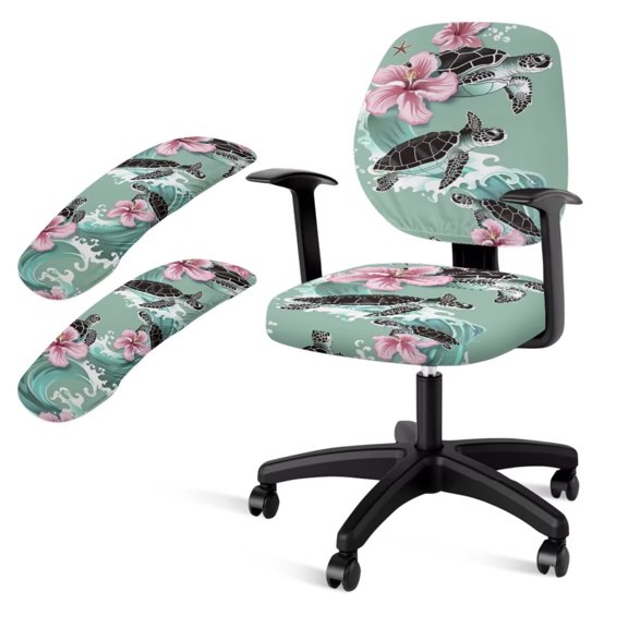 LedBack Office Chair Cover Set of 4, Soft Boss Chair Covers Sea Turtle Hibiscus Print Computer Chair Cover with Armrest Covers, Anti-Dust Rotating Boss Chair Slipcovers Washable