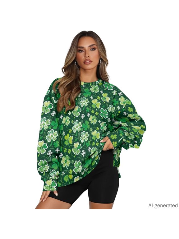 Oversized Sweater, Clover Pattern Design Round Neck Crew Neck Polyester Pullover for Party Daily Wear Office, Size 3XL