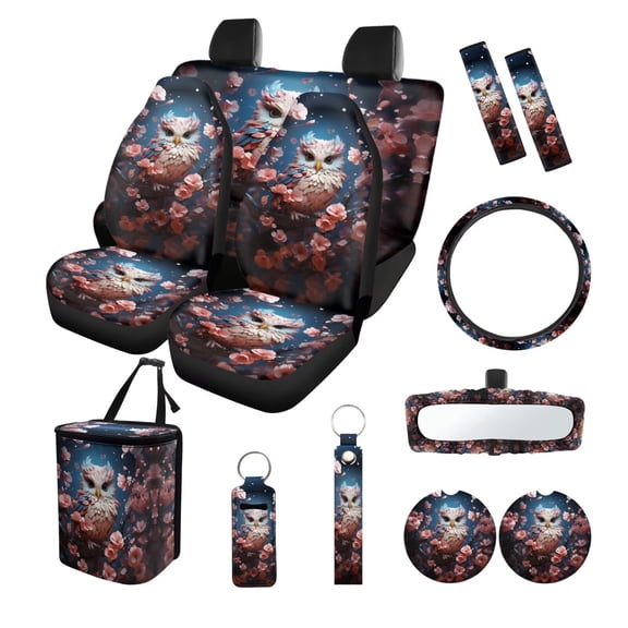 LedBack Owl Flower Print Car Seat Covers Full Set of 13 Auto Interior Decor for Women Men Dust-proof Removable Steering Wheel Cover Safety Belt Pads Rearview Mirror Cover Cup Coasters