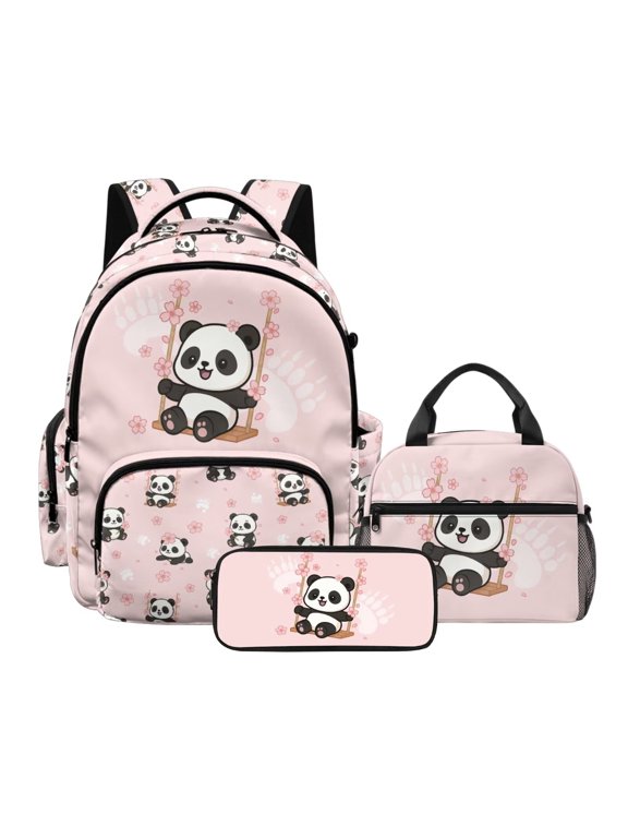 Panda Print Kids Schoolbag Set for Boys Girls, Floral Printed Kids Backpack with Lunch Box with Adjustable Strap, Practical School Bookbag and Pencil Case Set of 3