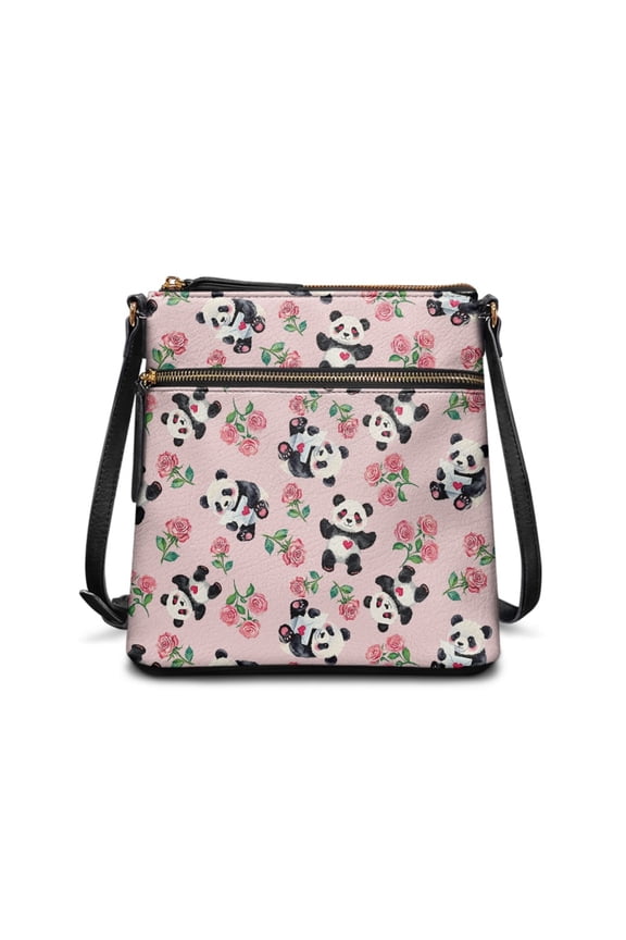 Panda Print Leather Crossbody Purse for Women Sling Messenger Purse Hobo Bag Portable Satchel Bag with Multi Zipper Pockets, (Valentine's Day), Pink
