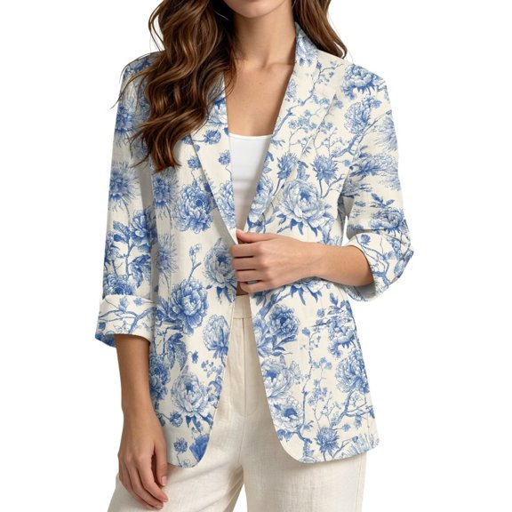 LedBack Pastoral Toile Blazer Peony Print Blazers for Women 3/4 Sleeve Linen-Style Suit Blazer Jacket for Travel Work Office