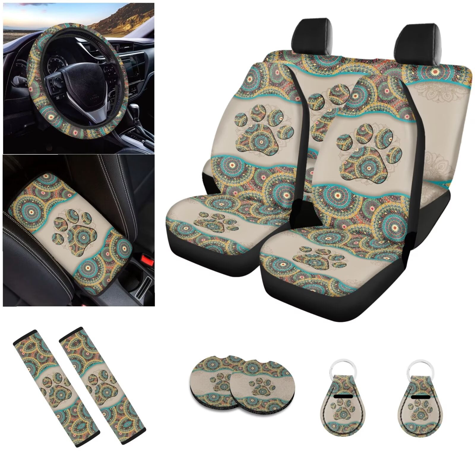 LedBack Paw Print Car Seat Covers Full Set for Women Men, Boho Mandala Flower Car Front/Rear Seat Cover Easy Install Steering Wheel Cover Armrest Pads Seat Belt Cover Coaster
