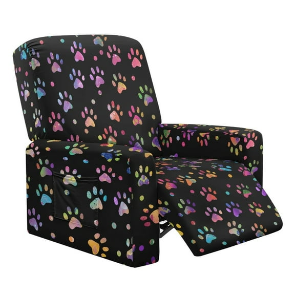 LedBack Paw Printed Recliner Chair Covers for Home Decor 4 Pieces Stretch Recliner Couch Covers with Pockets Washable Lazyboy Cover Furniture Protector, Black