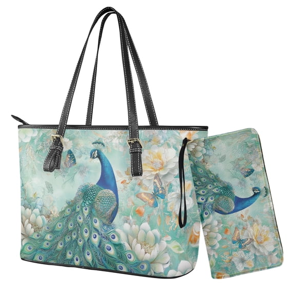 LedBack Peacock Butterfly Print Leather Purses for Women Peony Print Top Handle Shoulder Bag Wristlet Leather Wallet Zipper Handbag and Purse Set for Travel
