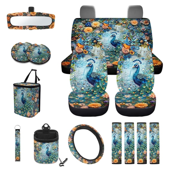 LedBack Peacock Flower Print 15Pcs Car Interior Cover Set Includes Car Seat Covers Front and Back Full Set Steering Wheel Cover Safety Belt Pads Rear View Mirror Protector Cup Mats, Blue