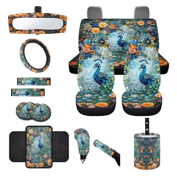 LedBack Peacock Flower Print Car Seat Cover Sets Full Set Cloth 14Pcs Auto Accessories Steering Wheel Cover Center Console Pad Safety Belt Pads Garbage Bag Cup Cushions etc, Car Decor