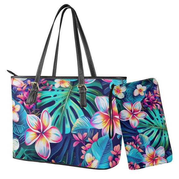 LedBack Plumeria Monstera Printed Purse and Wallet Sets for Women Handbag and Purse Set Satchel Purse Top Handle Tote Bag for Women Leather Shoulder Handbag with Wallet for Ladies, 2 Pack