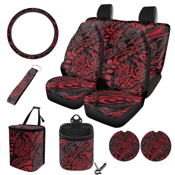 LedBack Polynesian Pattern Car Interior Covers Full Set for Women, Decorative Car Front Rear Seat Covers with Steering Wheel Cover Garbage Bag Air Vent Storage Pouch Cup Cushions