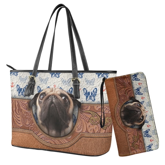 LedBack Pug Dog Printed Handbag and Wallet Set Boston Terrier Print Top Handle Shoulder Bag with Matching Wallet Leather Purses for Women Bucket Totes Hobo Bag, Brown